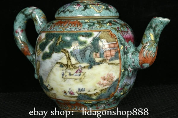 8.2" Qianlong Marked Enamel Porcelain landscape Tree Words Pattern Wine Tea Pot