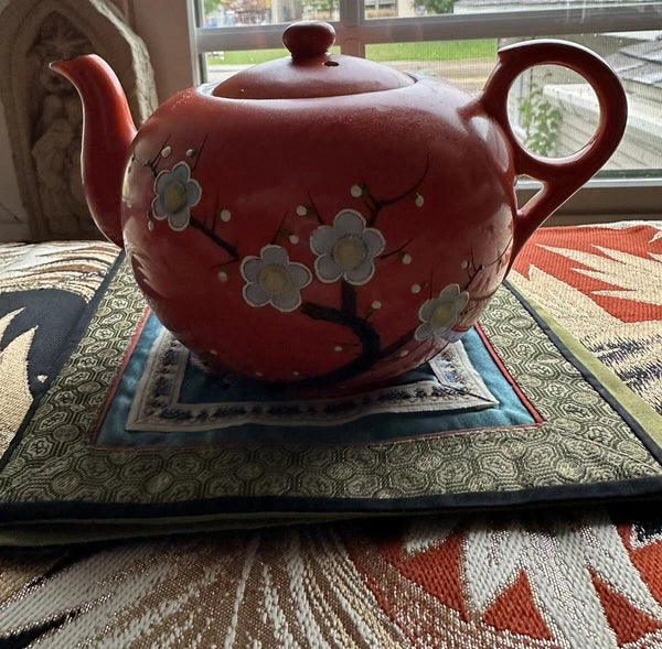 Vintage Bright Orange Enamel Floral Porcelain Japan Tea Pot Hand Painted