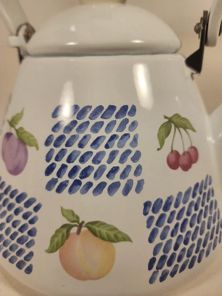 White Enamel Teapot Fruit Pear Cherries Plum Peach Blue 2 Qt Decorative Tea Pot