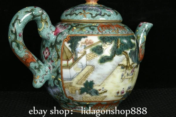 8.2" Qianlong Marked Enamel Porcelain landscape Tree Words Pattern Wine Tea Pot