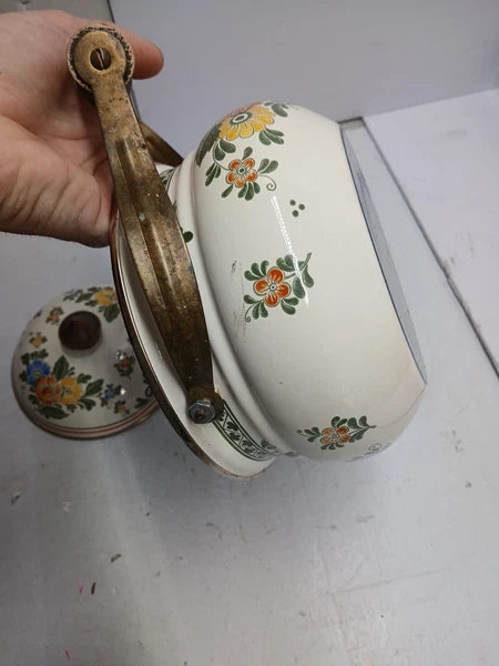 1960’s ASTA Enamelware Teapot Brass Handles Floral West Germany