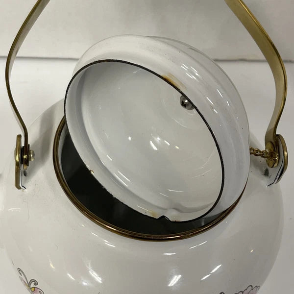 Vintage Tea Kettle Pot Enamel Porcelain Poppies National Housewares 1988 Brass