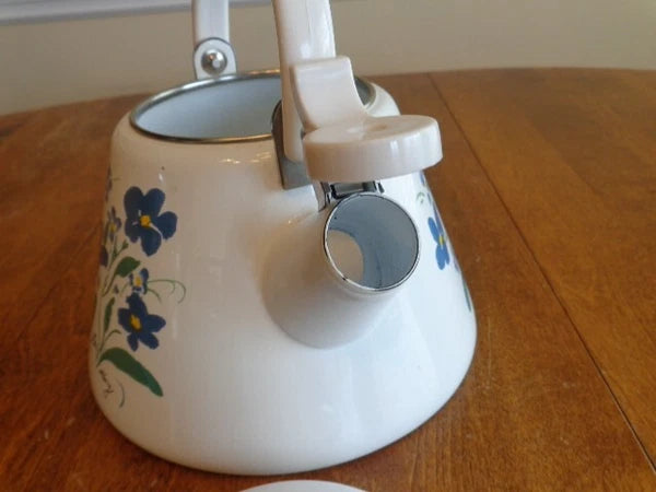 ENAMEL 2 ½ QUART WHISTLING TEA KETTLE FLOWERS SIGNED
