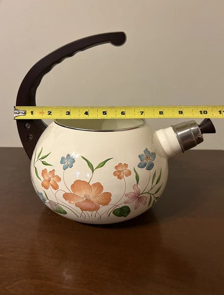 Vintage Enamelware Teapot Stovetop Whistling Kettle 2 Qt White Floral Tea Pot