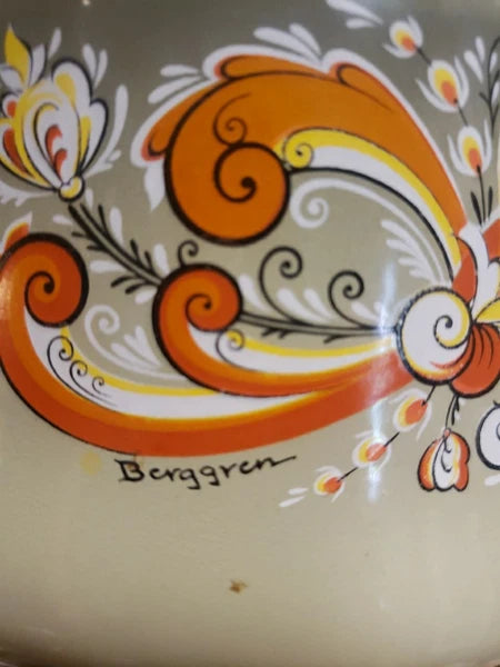 Berggren EnamelWare Teapot ROSEMALING Nordic '65 Green  Swedish Folk Art Cottage