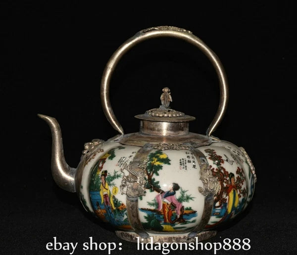 6.8" Old Chinese Silver Enamel Porcelain Beauty Belle Portable Kettle Teapot
