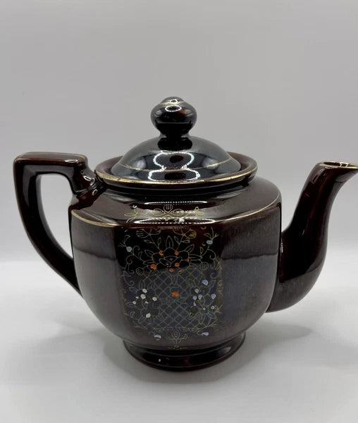 Vintage Brown Betty Redware Teapot Moriage Enamel Hand Painted Japan GUC MCM