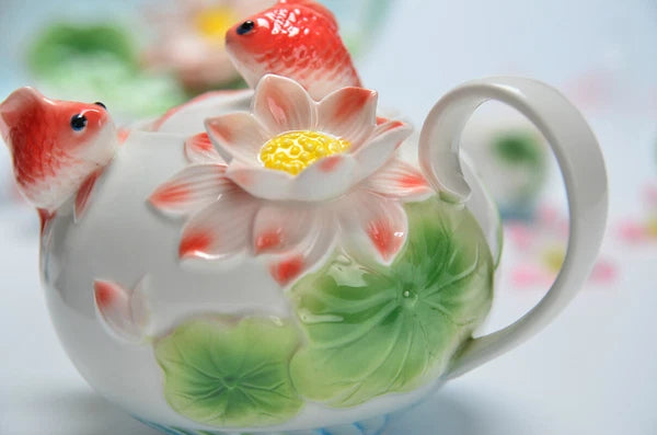 Enamel Coffee Tea Pot Relievo Lotus Porcelain Kettle Ceramic Chinese