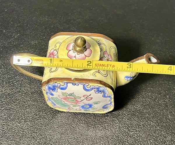 Chinemel 1990s B. Yee Miniature Teapot Copper & Painted Flowers, 3.75x3"