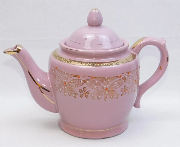 Vtg Pink Gold Glazed REDWARE Teapot Butterfly Enamel Moriage Hand Painted 7"