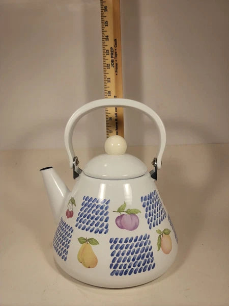 White Enamel Teapot Fruit Pear Cherries Plum Peach Blue 2 Qt Decorative Tea Pot