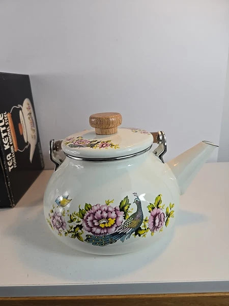 Vtg Tea Kettle Porcelain Enamel On Steal Red Peacock Wood Handle Taiwan W/ Box