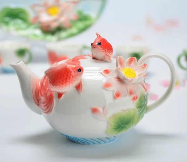 Enamel Coffee Tea Pot Relievo Lotus Porcelain Kettle Ceramic Chinese