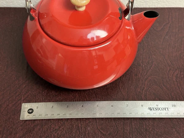 Vintage Mid Century Scandinavian Danish Red Enamel Tea Kettle Teapot Wood Handle