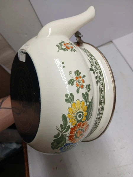 1960’s ASTA Enamelware Teapot Brass Handles Floral West Germany