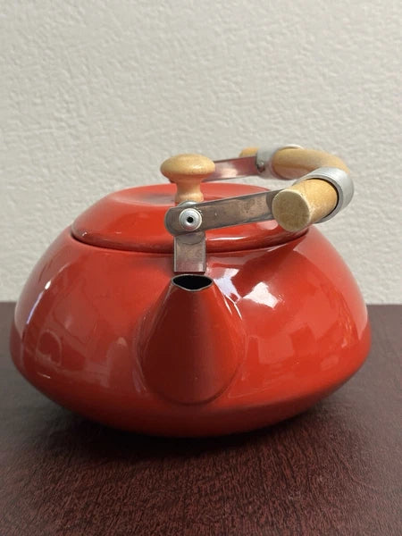 Vintage Mid Century Scandinavian Danish Red Enamel Tea Kettle Teapot Wood Handle