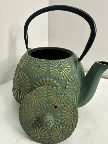 Cast Iron Tea Pot W/ Enamel Inside Copper & Green Finish