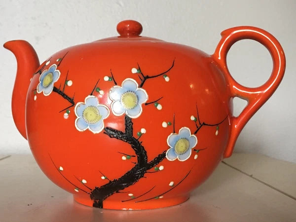 Vintage Bright Orange Enamel Floral Porcelain Japan Tea Pot Hand Painted