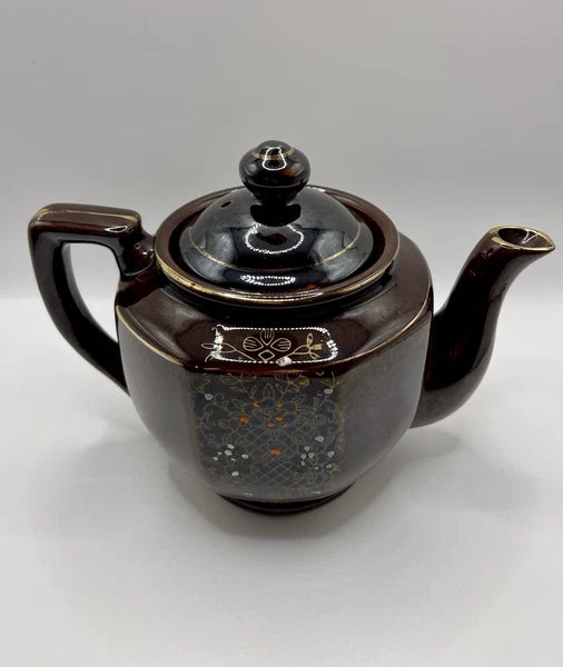 Vintage Brown Betty Redware Teapot Moriage Enamel Hand Painted Japan GUC MCM