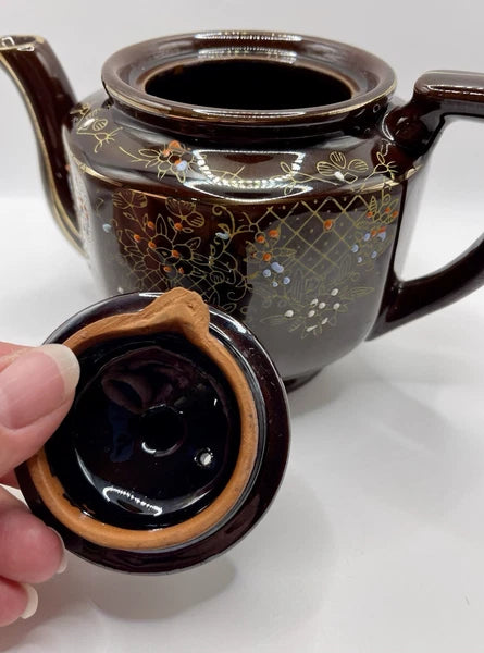Vintage Brown Betty Redware Teapot Moriage Enamel Hand Painted Japan GUC MCM