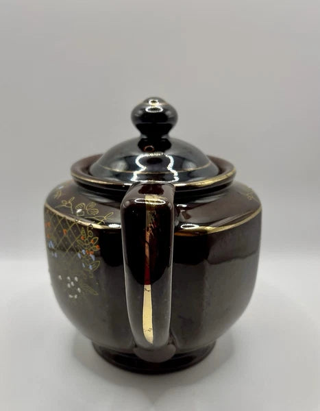 Vintage Brown Betty Redware Teapot Moriage Enamel Hand Painted Japan GUC MCM