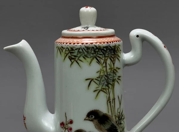 5.6" China Powder enamel porcelain flowers bird Teapot tea set tea maker statue