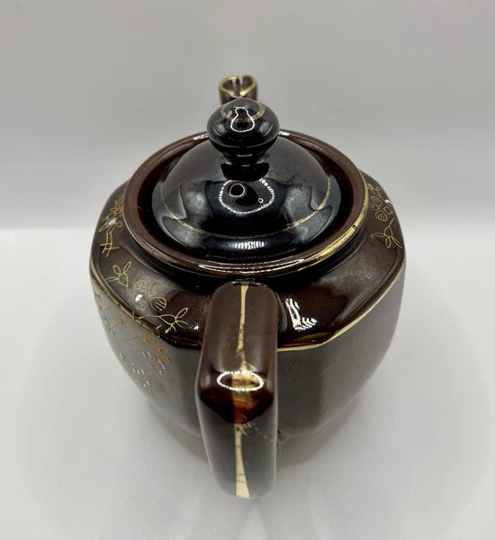 Vintage Brown Betty Redware Teapot Moriage Enamel Hand Painted Japan GUC MCM