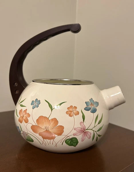 Vintage Enamelware Teapot Stovetop Whistling Kettle 2 Qt White Floral Tea Pot