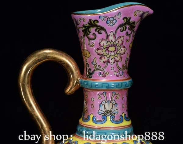 8" Yongzheng Marked Enamel Porcelain Gilt Flower Leaf Pattern Wine Tea Pot