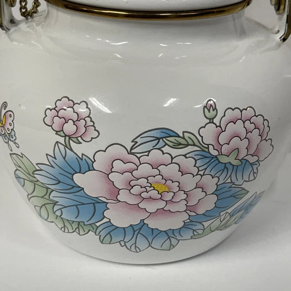 Vintage Tea Kettle Pot Enamel Porcelain Poppies National Housewares 1988 Brass