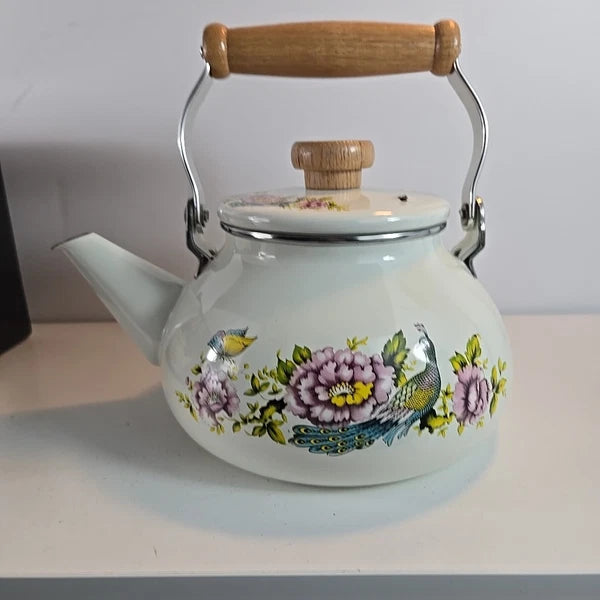 Vtg Tea Kettle Porcelain Enamel On Steal Red Peacock Wood Handle Taiwan W/ Box