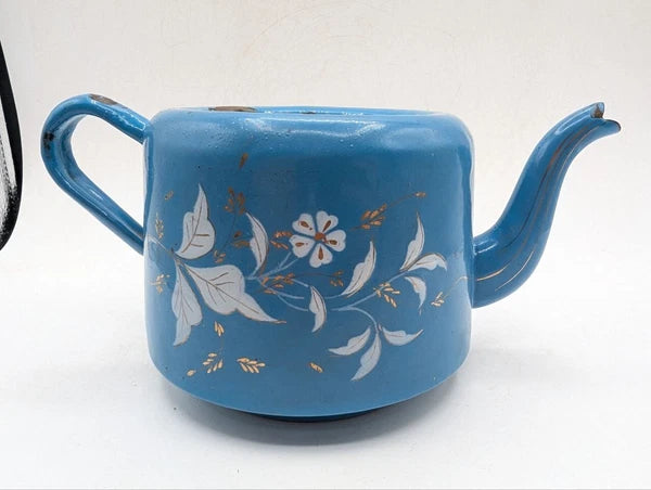 1930s Vintage Blue Enamel Teapot White Floral Rustic Shabby Chic No Lid ON18
