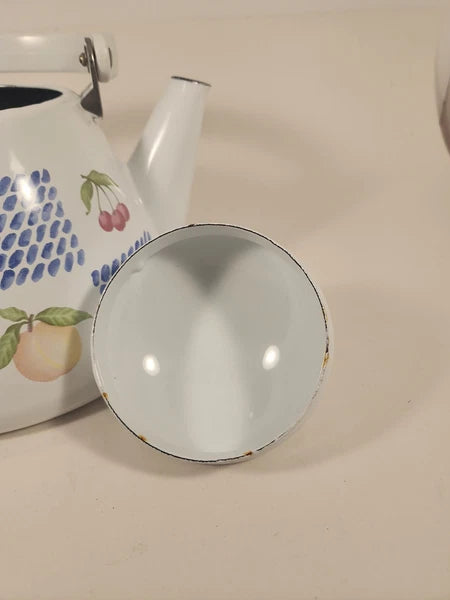 White Enamel Teapot Fruit Pear Cherries Plum Peach Blue 2 Qt Decorative Tea Pot