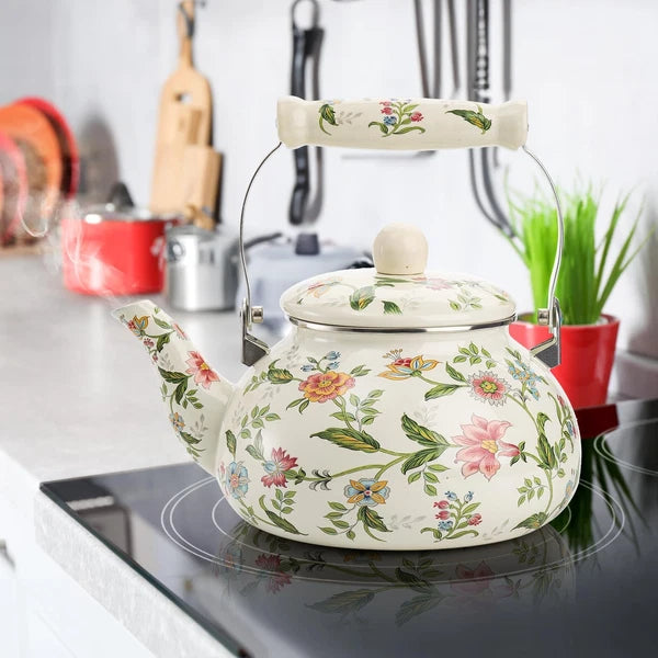 2.6 Quart Vintage Enamel Tea Kettle, Green Floral Enamel on Steel Teapot with...