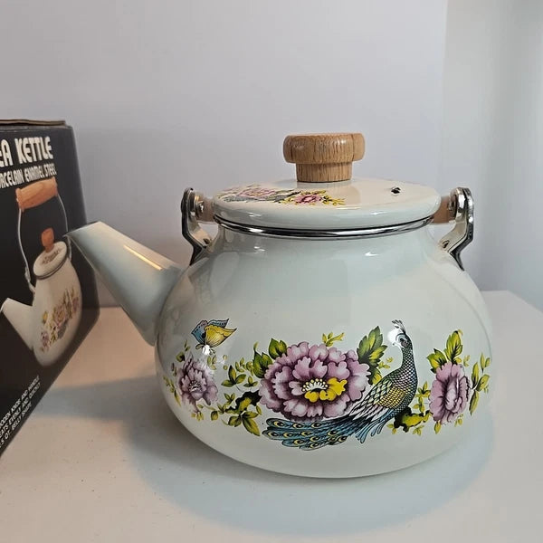 Vtg Tea Kettle Porcelain Enamel On Steal Red Peacock Wood Handle Taiwan W/ Box