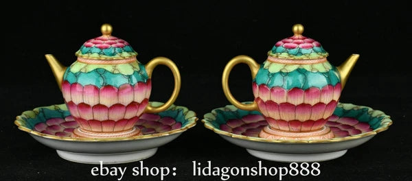6.2" Qianlong Marked Enamel Porcelain Gilt Lotus Flower Pattern Teapot Plate Set