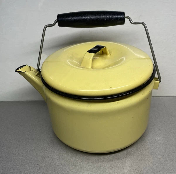 Vintage Yellow & Black Enamel Ware Teapot