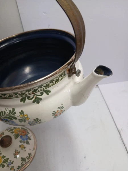 1960’s ASTA Enamelware Teapot Brass Handles Floral West Germany