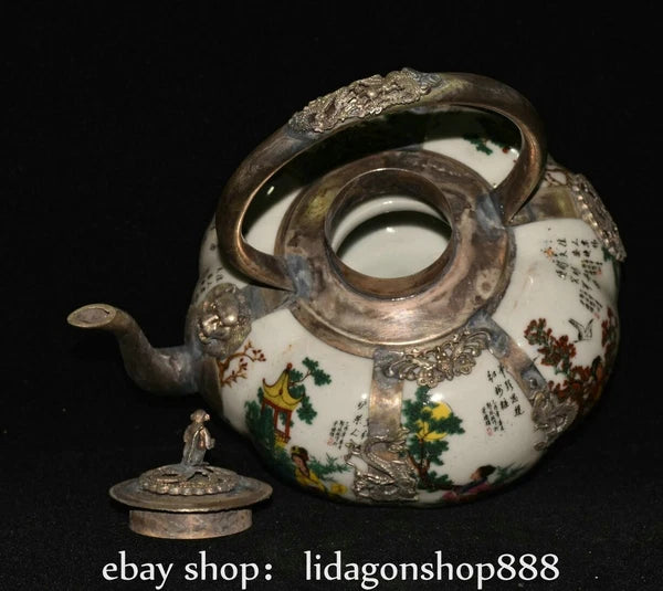 6.8" Old Chinese Silver Enamel Porcelain Beauty Belle Portable Kettle Teapot