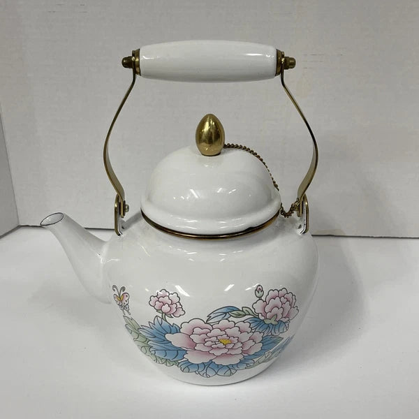 Vintage Tea Kettle Pot Enamel Porcelain Poppies National Housewares 1988 Brass