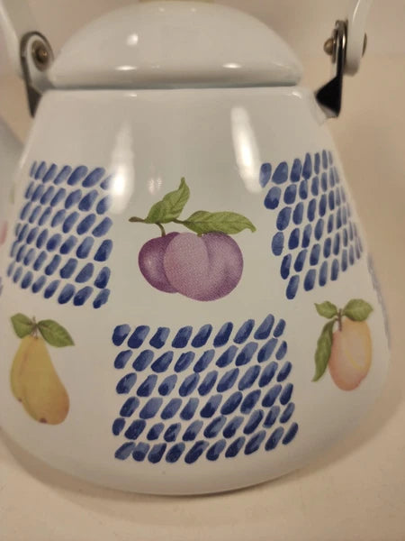 White Enamel Teapot Fruit Pear Cherries Plum Peach Blue 2 Qt Decorative Tea Pot