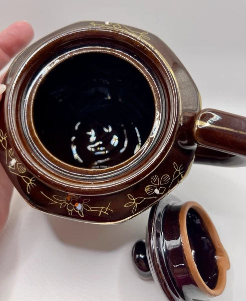 Vintage Brown Betty Redware Teapot Moriage Enamel Hand Painted Japan GUC MCM