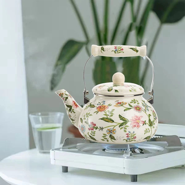 2.6 Quart Vintage Enamel Tea Kettle, Green Floral Enamel on Steel Teapot with...