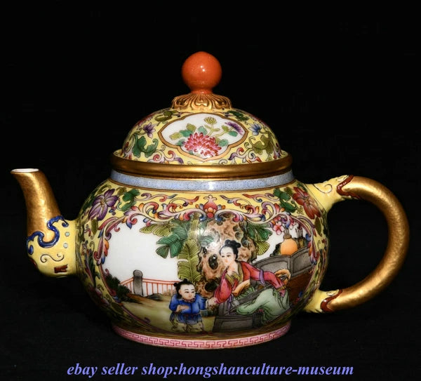 6.8 " Qianlong Marked China Colour Enamel Porcelain Dynasty People Story Teapot