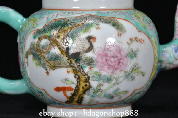6.8" Jiagqing Marked Enamel Porcelain Pine Tree Crane Flower Pattern Wine Teapot