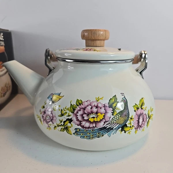 Vtg Tea Kettle Porcelain Enamel On Steal Red Peacock Wood Handle Taiwan W/ Box