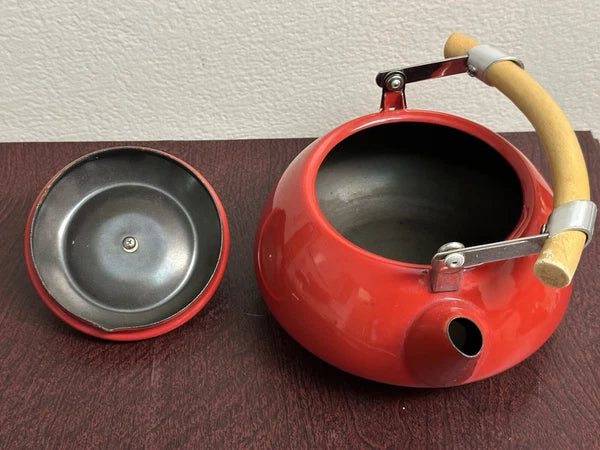 Vintage Mid Century Scandinavian Danish Red Enamel Tea Kettle Teapot Wood Handle