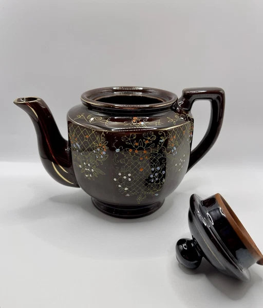 Vintage Brown Betty Redware Teapot Moriage Enamel Hand Painted Japan GUC MCM