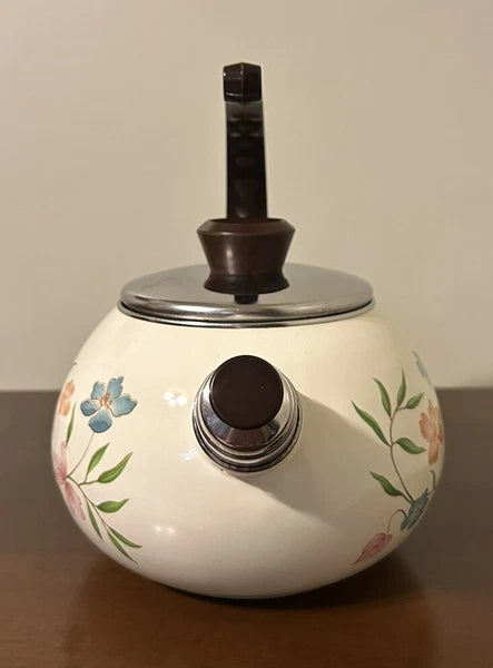Vintage Enamelware Teapot Stovetop Whistling Kettle 2 Qt White Floral Tea Pot