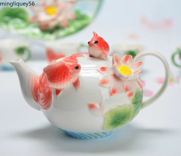 Enamel Coffee Tea Pot Relievo Lotus Porcelain Kettle Ceramic Chinese